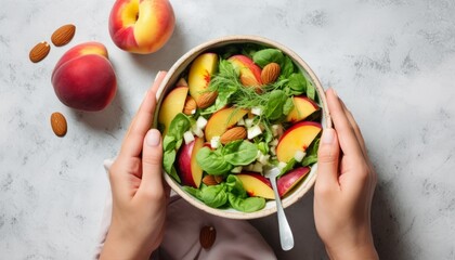 Fototapeta na wymiar Hands holding fresh summer salad with peach, spinach, micro greens, plums, feta cheese and almonds on light marble background. Healthy food, clean eating, Buddha bowl salad, top