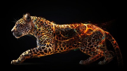 Neon abstract graphic outlines of a leopard, a wild animal. Technology concept, dark background isolate. AI generated.
