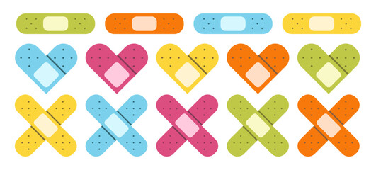 Flat cute set of band aids illustrations with hearts. Medical bandage collection of icons.