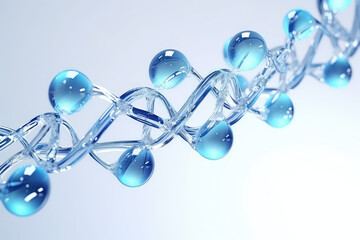 A close-up of dna chain from pure water on white background. Creative concept for moisturizing cosmetics, hyaluronic acid, intensive hydration wallpaper. Generative AI 3d render imitation.