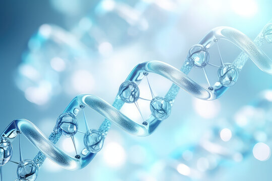 A closeup of the dna chain from pure water, light colors. Creative concept for moisturizing cosmetics, hyaluronic acid, intensive hydration wallpaper. Generative AI 3d render imitation.