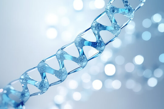 A close-up of dna chain from clear water. Creative concept for moisturizing cosmetics, hyaluronic acid, intensive hydration wallpaper. Generative AI 3d render imitation.