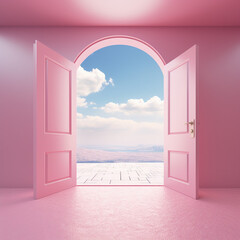 Open door concept for future success. Home pink background with Generative Ai.