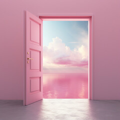 Open door concept for future success. Home pink background with Generative Ai.