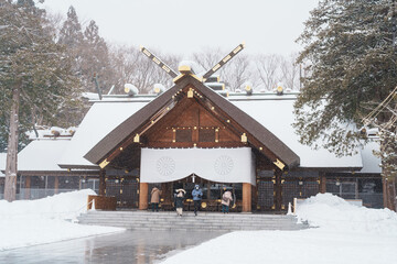 Hokkaido Jingu Shrine with Snow in winter season, Japanese buddhism shinto temple. landmark and...