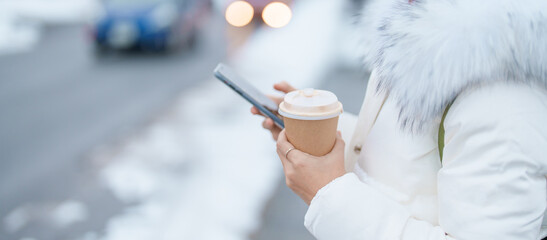 woman using mobile phone and drinking hot Coffee or Tea with snow in winter season during travel in...