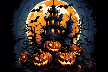 halloween scary house background with bats and pumpkin 