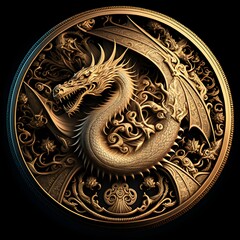 Lucky star round medal obverse gold medal dragon Gold insanely detailed and intricate hypermaximalist elegant ornate hyper realistic super detailed 