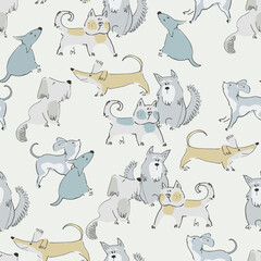 Seamless pattern with funny dogs playing. Perfect for kids. Bone, ball and terrier doodles on blue background