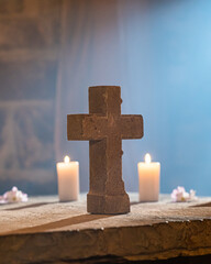 cross and candles on the grave