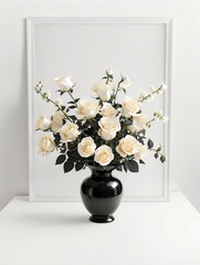 White roses in a black vase on a white background with a frame. 