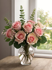 Bouquet of pink roses in a vase on the windowsill.