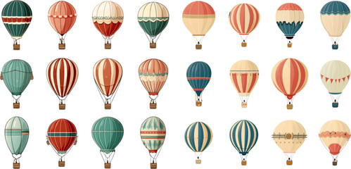 Colorful vintage hot air balloons, adventure vehicles white background