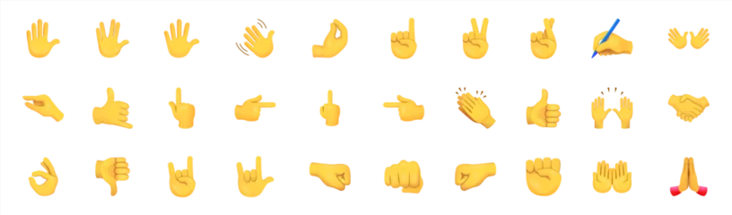 Fotobehang All type of hand emojis, gestures, stickers, emoticons flat illustration symbols set, collection. Hands, handshakes, muscle, finger, fist, direction, like, unlike, fingers collection, vector 10 eps. © Cali6ro