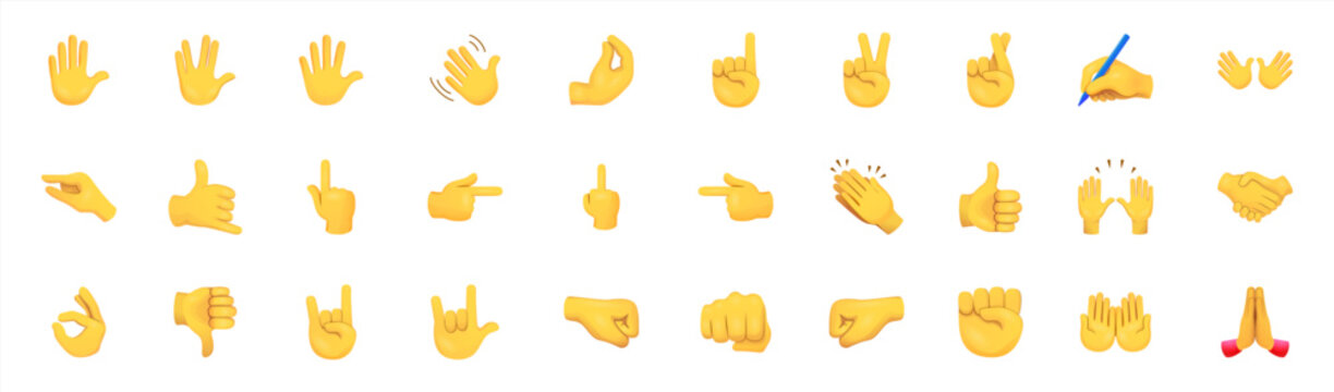 All type of hand emojis, gestures, stickers, emoticons flat illustration symbols set, collection. Hands, handshakes, muscle, finger, fist, direction, like, unlike, fingers collection, vector 10 eps.