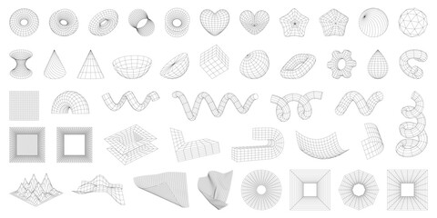 Set of wireframe 3D geometric shapes. Wire frame abstract figures. Torus, spirals, gear, heart, star. Distorted mesh grids. Graphic design elements isolated on white background. Editable strokes - obrazy, fototapety, plakaty