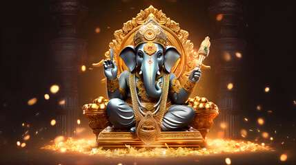 Ganesha or Ganapati the elephant headed Hindu god 
 created with Generative AI  - obrazy, fototapety, plakaty