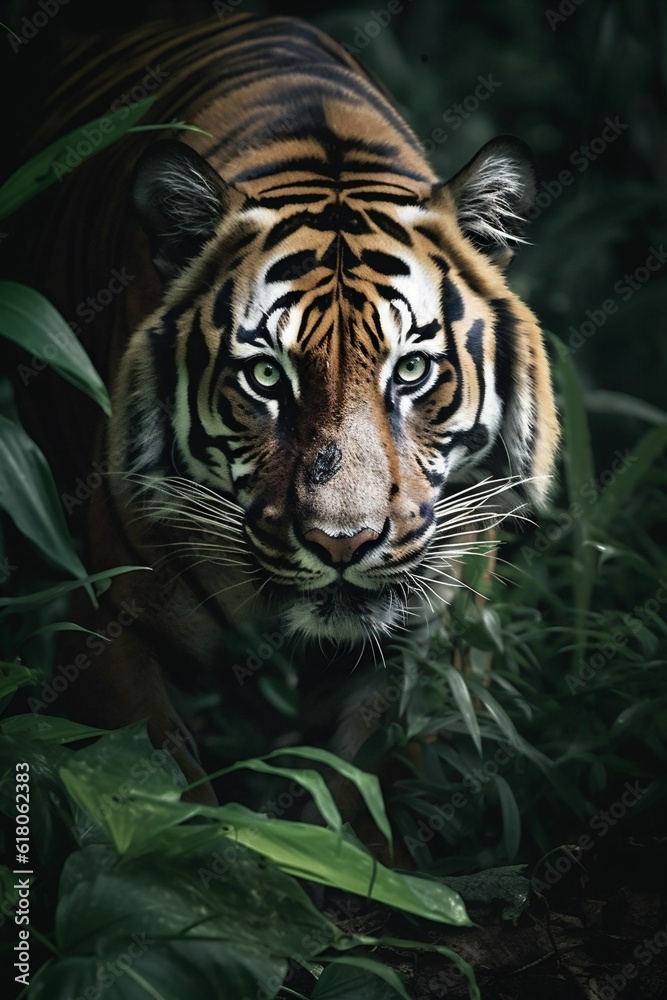 Poster ai generated illustration of a majestic bengal tiger walking slowly through a jungle