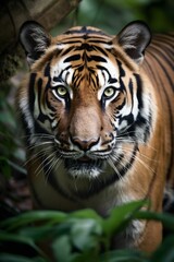 AI generated illustration of an endangered Bengal Tiger walking through a lush and vibrant forest