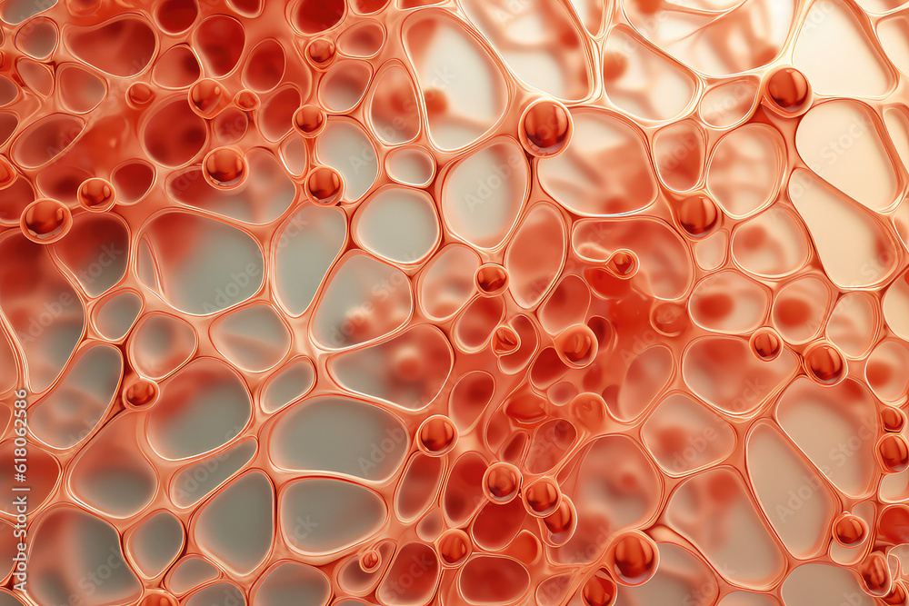 Wall mural The surface of the skin under the zoomed microscope. Molecules and skin cells, molecular grid in close-up. Generative AI 3d render illustration imitation.