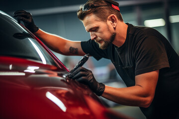 Man worker of car detailing studio removing scratches on red car