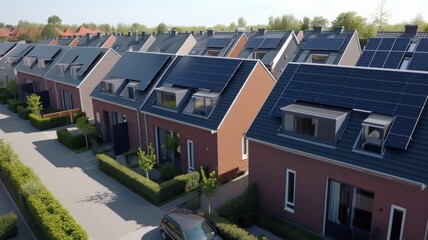 Solar panels are installed on the tiled roofs of a row of modern houses in a suburb with green streets under a blue sky. Sustainable energy, alternative power generation. 3D rendering.