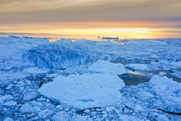 Stunning view of the icy sea, featuring numerous melting icebergs dotting the horizon