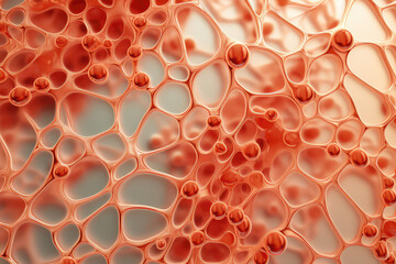 The surface of the skin under the zoomed microscope. Molecules and skin cells, molecular grid in close-up. Generative AI 3d render illustration imitation. - obrazy, fototapety, plakaty