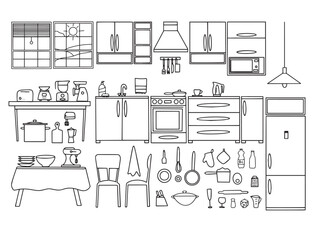 Kitchen interior sketches hand drawing front view. Contour vector illustration kitchen furniture and equipment. Vector illustration