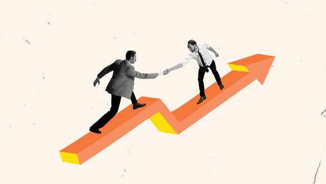 Contemporary art collage of two men, employees shaking hands standing on red arrow symbolizing growth and success