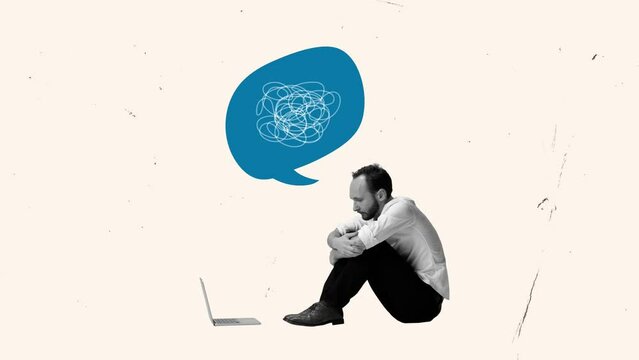 Stop motion, 2D animation. Contemporary art collage of sad, unhappy looking man sitting in front of laptop with thoughts bubble