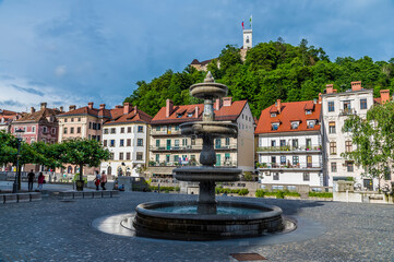 A view from the New Square towards the Castle in Ljubljana, Slovenia in summertime