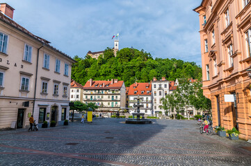 Fototapeta na wymiar A view down the New Square towards the Castle in Ljubljana, Slovenia in summertime