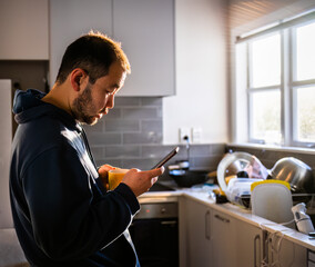 Young man reading smartphone and drinking coffee at home. Pile of dishes in the kitchen sink...
