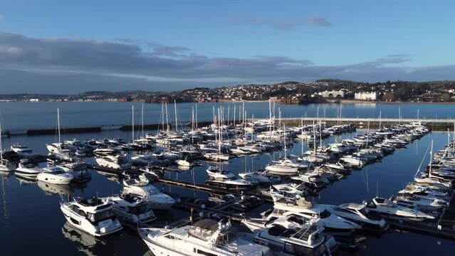 Torquay, Devon, England: Drone Pan left-to-right: Torquay marina, local landmarks.