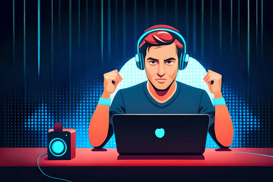Gamer on laptop. Vector illustration with a gamer at the computer.
