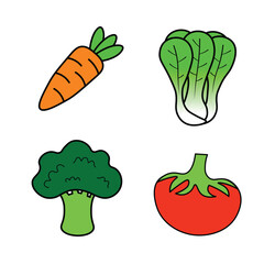 Graphic vector illustration of mustard greens, carrots, broccoli tomatoes. Suitable for children's drawing media, etc.
