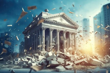 Bank building collapsing in a modern city. Bankruptcy of financial institution. The bricks of the economic foundation are crumbling, stocks and bonds are flying around. Economic crisis. 3D rendering.