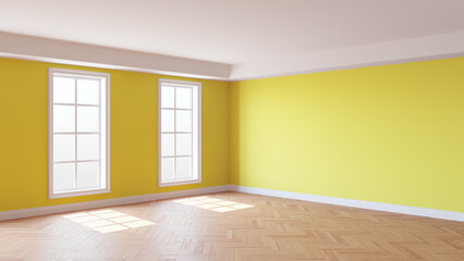 Room with Yellow Walls, Two Windows, White Ceiling and Cornice, Glossy Herringbone Parquet Flooring and a White Plinth. Beautiful Interior Concept. 3D illustration, 8K Ultra HD, 7680x4320, 300 dpi