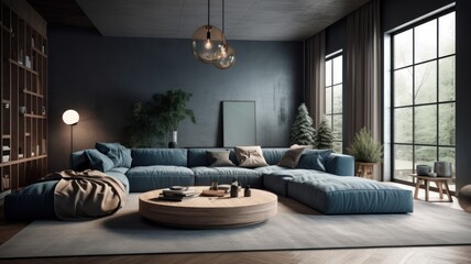 Fototapeta na wymiar Cozy living room in blue and gray tones. Stylish corner sofa, round coffee table, carpet on wooden floor, plants in floor pots, home decor, panoramic windows with garden view. 3D rendering.