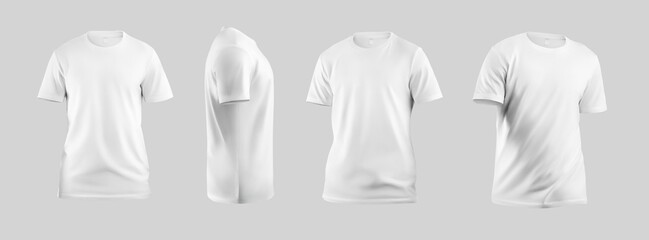 White men's t-shirt mockup 3D rendering, sports shirt for design, pattern, front, side view. Set.