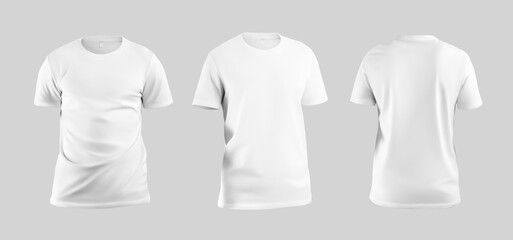 Mockup of white men's t-shirt 3D rendering, sports shirt isolated on background, front, back view. Set.