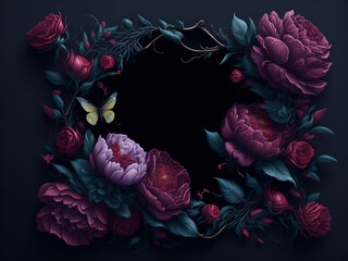 Floral frame with peony flowers and butterflies on dark background. With copyspace area for text.