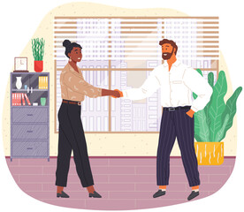Dating in office, acquaintance. Business partnership cooperation beginning. Man and woman shaking hands after signing contract agreement. Working meeting, communication, dialogue. Handshake gesture
