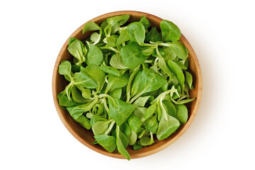 Valerian salad in wooden bowl on white background