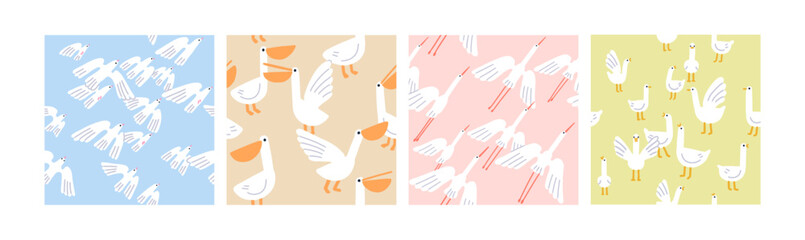 Flying birds, seamless pattern designs. Endless background, repeating print with cranes flock, doves, chicken, pelicans. Colored flat graphic vector illustrations for textile, fabric, wrapping