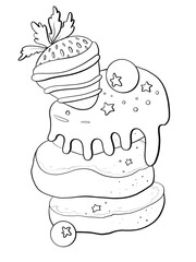 contour line illustration cartoon style sweet food logo print design element pancakes with toppers chocolate covered strawberries closeup