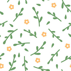 Tiny yellow flowers and green leaves twigs on white background. Cute allover print. Great for children’s clothes design