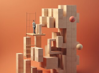climbing up the wooden blocks