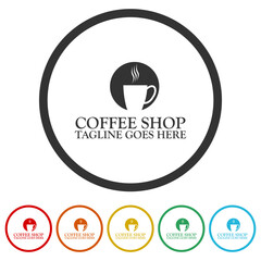Coffee shop logo template. Set icons in color circle buttons